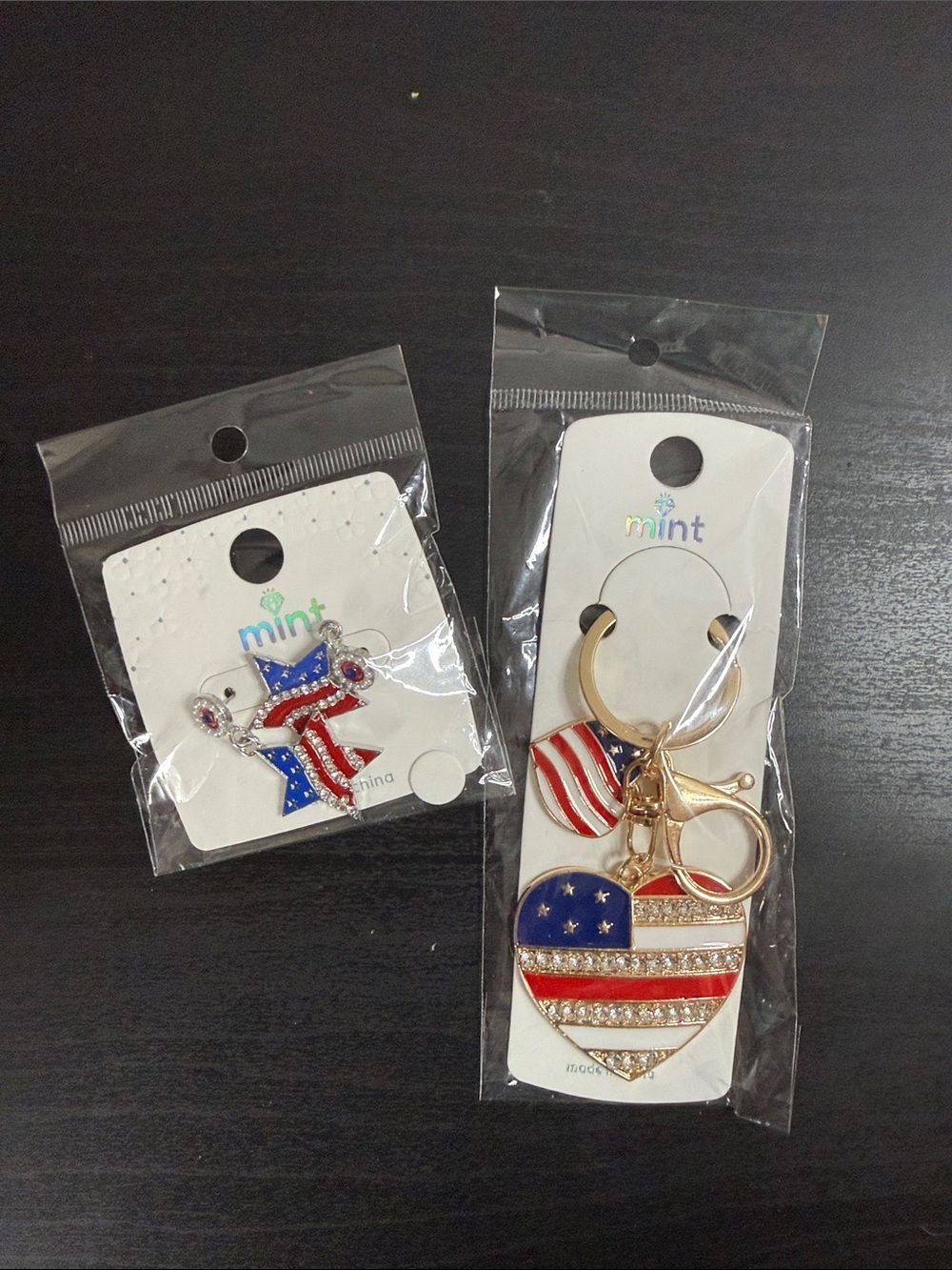 Mint American Flag Heart Keychain and Star Earrings - Red, White, Blue